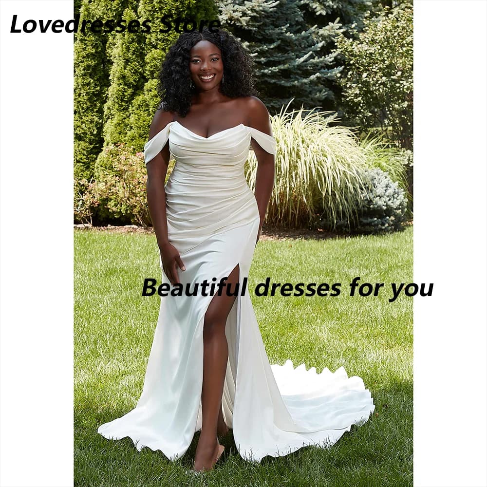 Cheap Wedding Dress Customized Off Shoulder A Line Satin Side Slit Sweep Train Bridal Gown Sweetheart Backless Bride Dresses