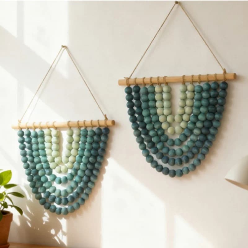 Nordic Blue Gradient Beaded Wall Hanging Macrame Tapestry Boho Rope Wooden Bead Wall Hanging Home Decoration Living Room Art