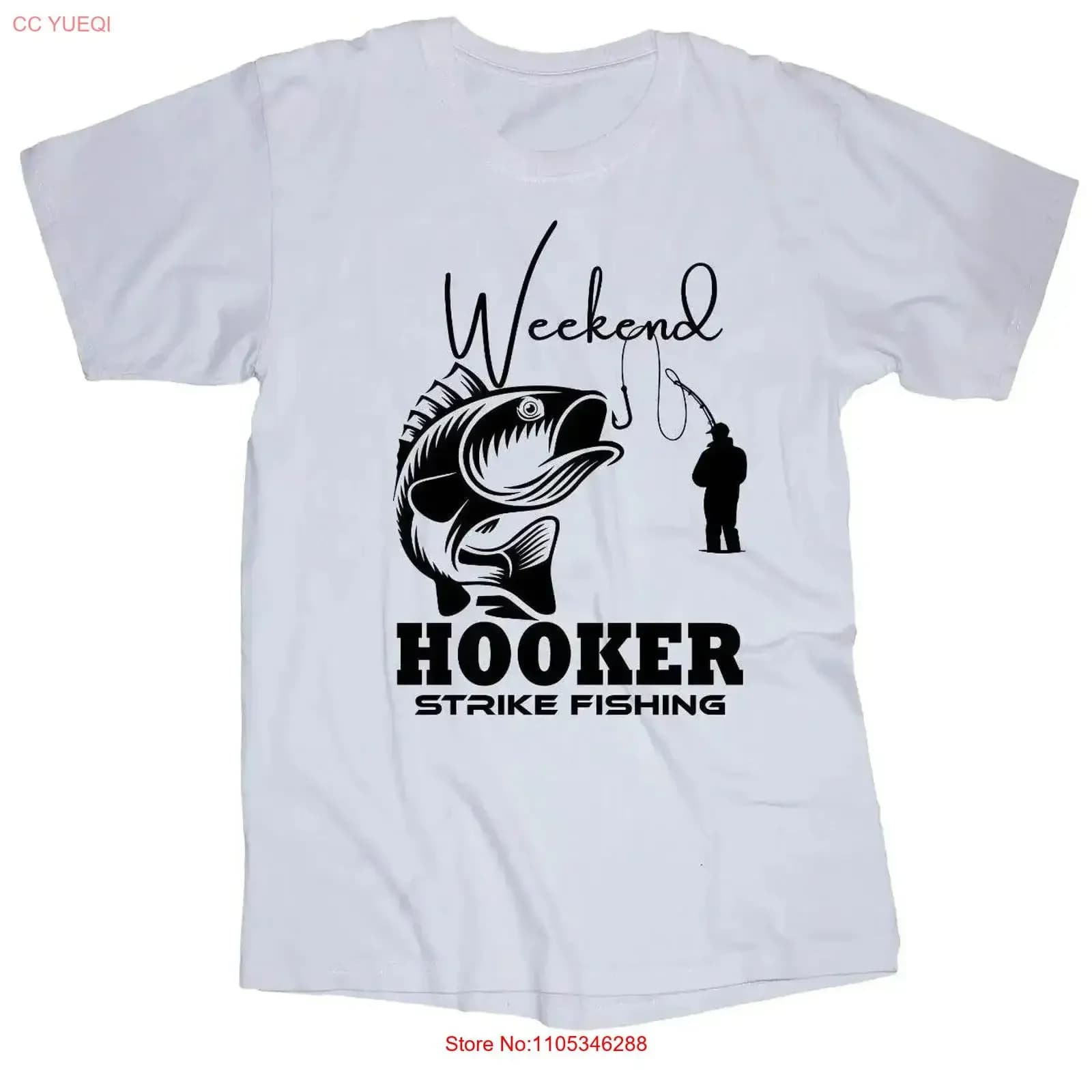 Maglietta bianca STRIKE FISHING Weekend Hooker con scritte divertenti a tema pesca, barca e lago, stile vintage, effetto lavato, morbida, streetwear alla moda.