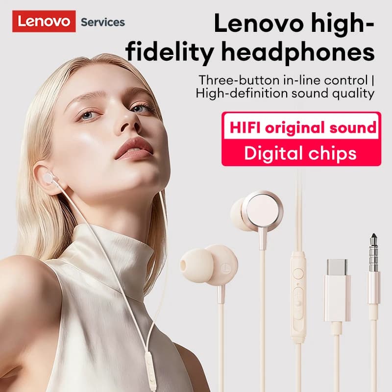 NEW Auxiliary Widths Lenovo YF27 with HIFI Sound, Low Powerful Surround 9D, Headphones with Intelligent Reduction of Noise 3.5mm/Type-C