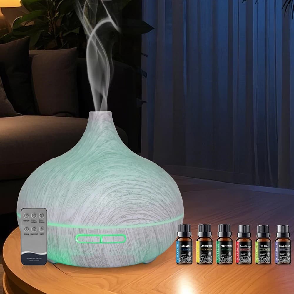 Diffusore e umidificatore con venature del legno da 550 ml, ultra silenzioso, 6 oli perfetti per la camera da letto, l'ufficio e il benessere domestico