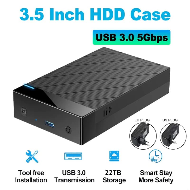 Custodia per HDD di archiviazione esterna da 2,5/3,5 "SATA 5 Gbps USB3.0 HDD SSD Custodia per disco rigido Supporto Adattatore HDD SSD da 22 TB per PC portatile