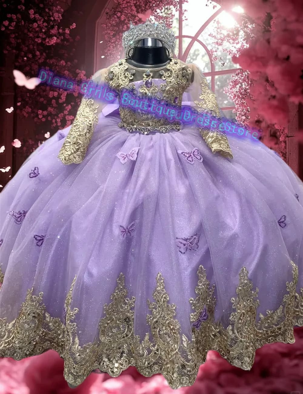 Splendido tulle soffice con applicazioni dorate Abito da ragazza di fiori Farfalla Principessa Abiti da festa di nozze Abiti da sera di compleanno per bambini