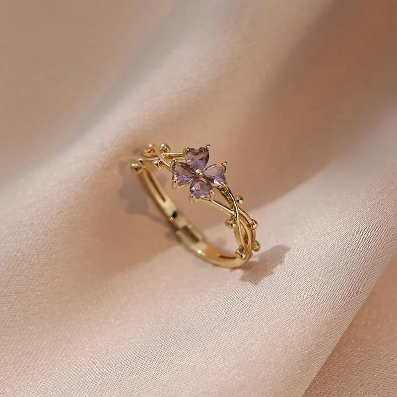 Fashionable French Open Purple Open Ring Light Luxury Simple Bridal Ring Micro-Inlaid Stainless Steel