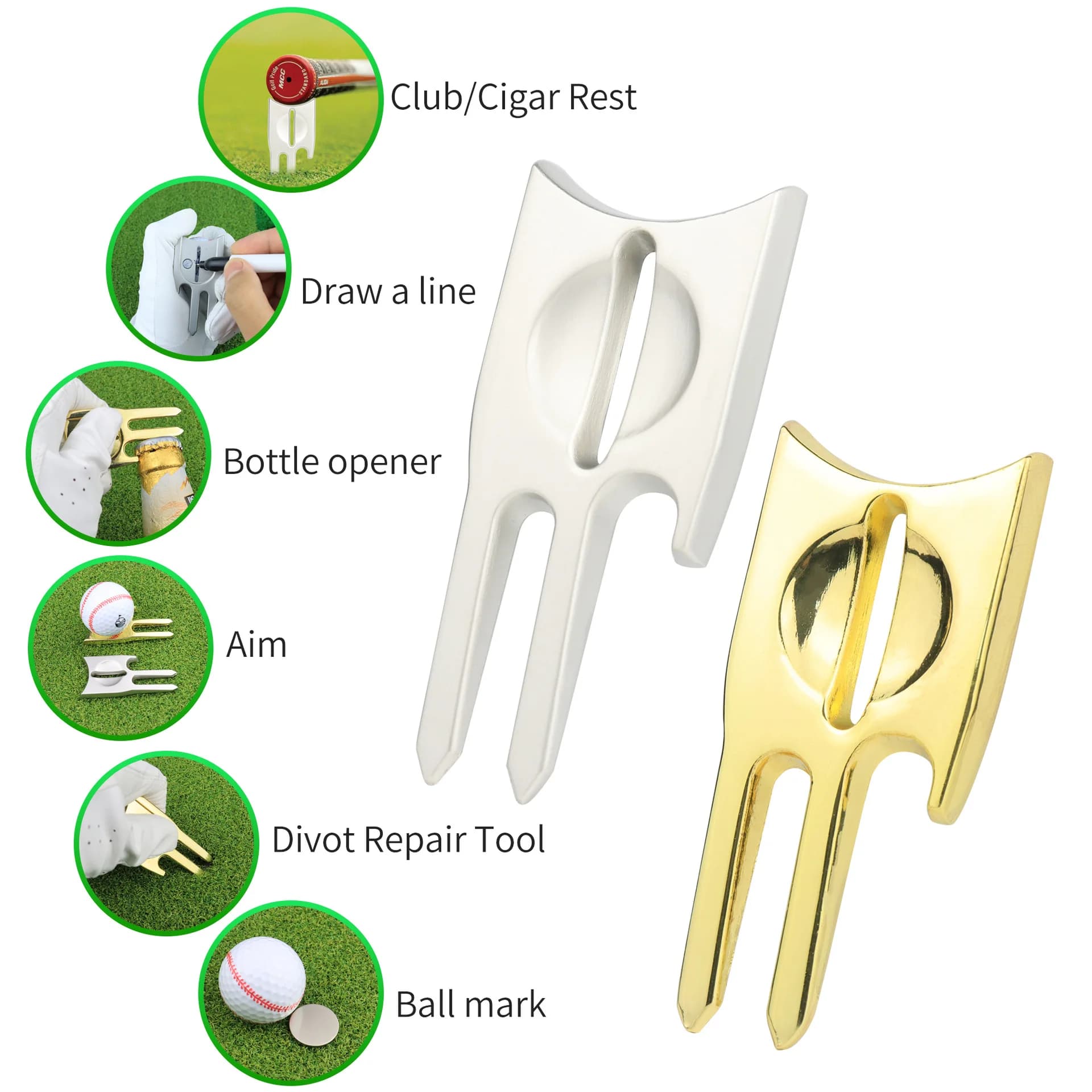 6‑in‑1 Golf Divot Tool Multifunctional Green Repair Fork with Magnetic Ball Marker Practical Golf Course Accessory for Golfer