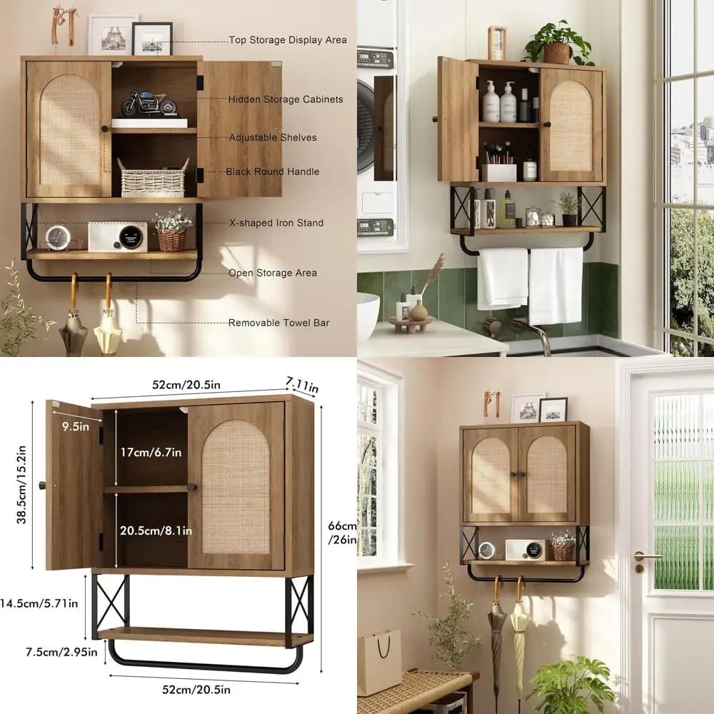 Mobiletto da Bagno con Porta ad Arco in Rattan, Stile Boho, con Ripiani Regolabili e Portasciugamani, in Rovere Rustico Medio