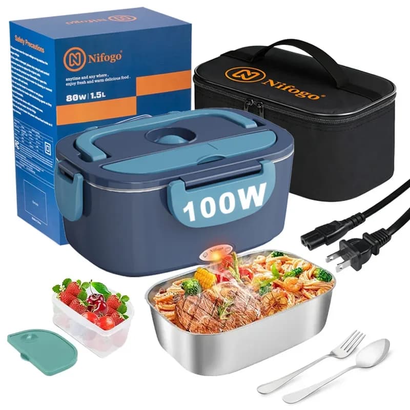 100W Electric Heating Lunch Box 1.5L, 304 Stainless Steel Portable Food Warmer Heater with Insulated Carry Bag, Spoon & Fork, Dual Use for Car 12V / Home 110V Office Travel Meal Container