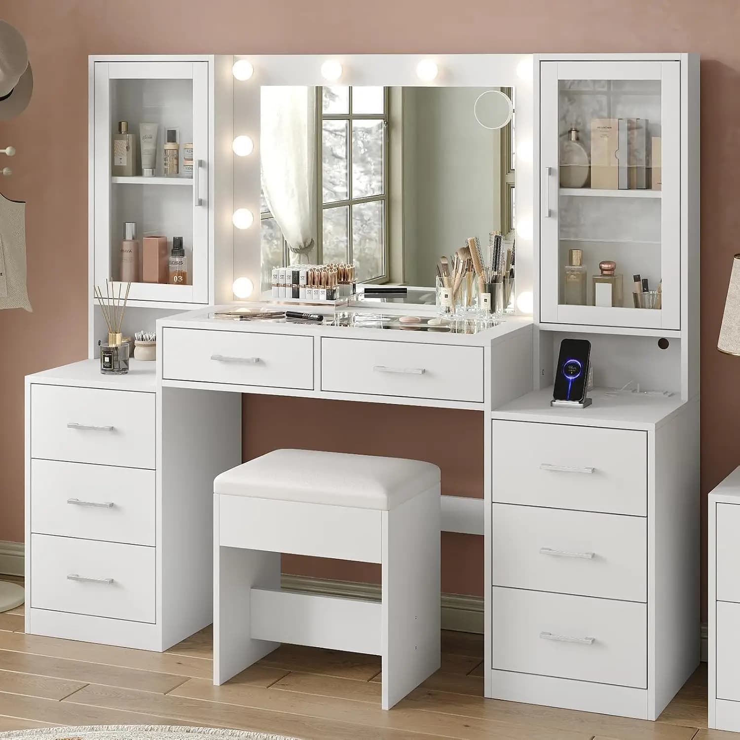 59'' W Large Makeup Vanity Desk with Mirror and Lights, White Vanity with Power Outlet, 8 Drawers & 2 Cabinets, 3, Customized