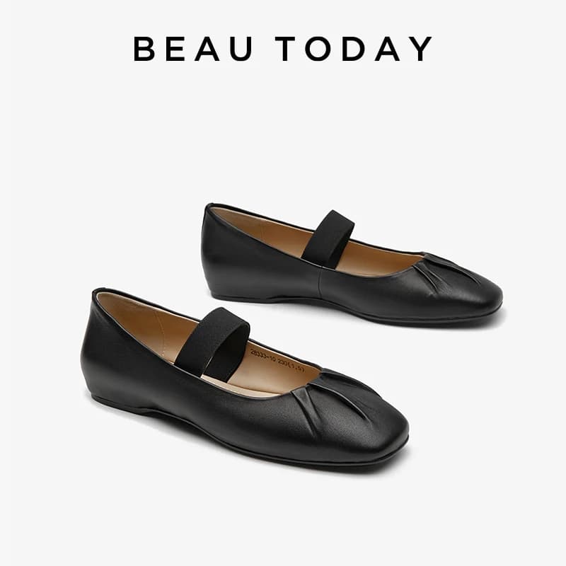 BEAUTODAY Mary Janes Donna Pelle di pecora Punta quadrata Slip On Retro Balletto Increspato Scarpe basse da donna fatte a mano 28333