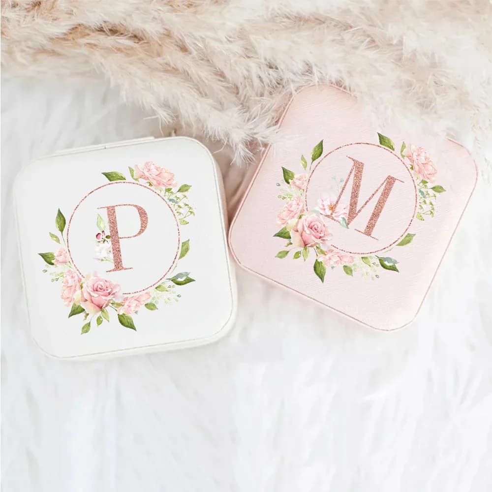 Scatola Portagioie in Pelle PU con Lettere Floreali, Regalo di Nozze, Organizzatore da Viaggio per Anelli e Orecchini, Scatola Portagioie Multi-scomparto