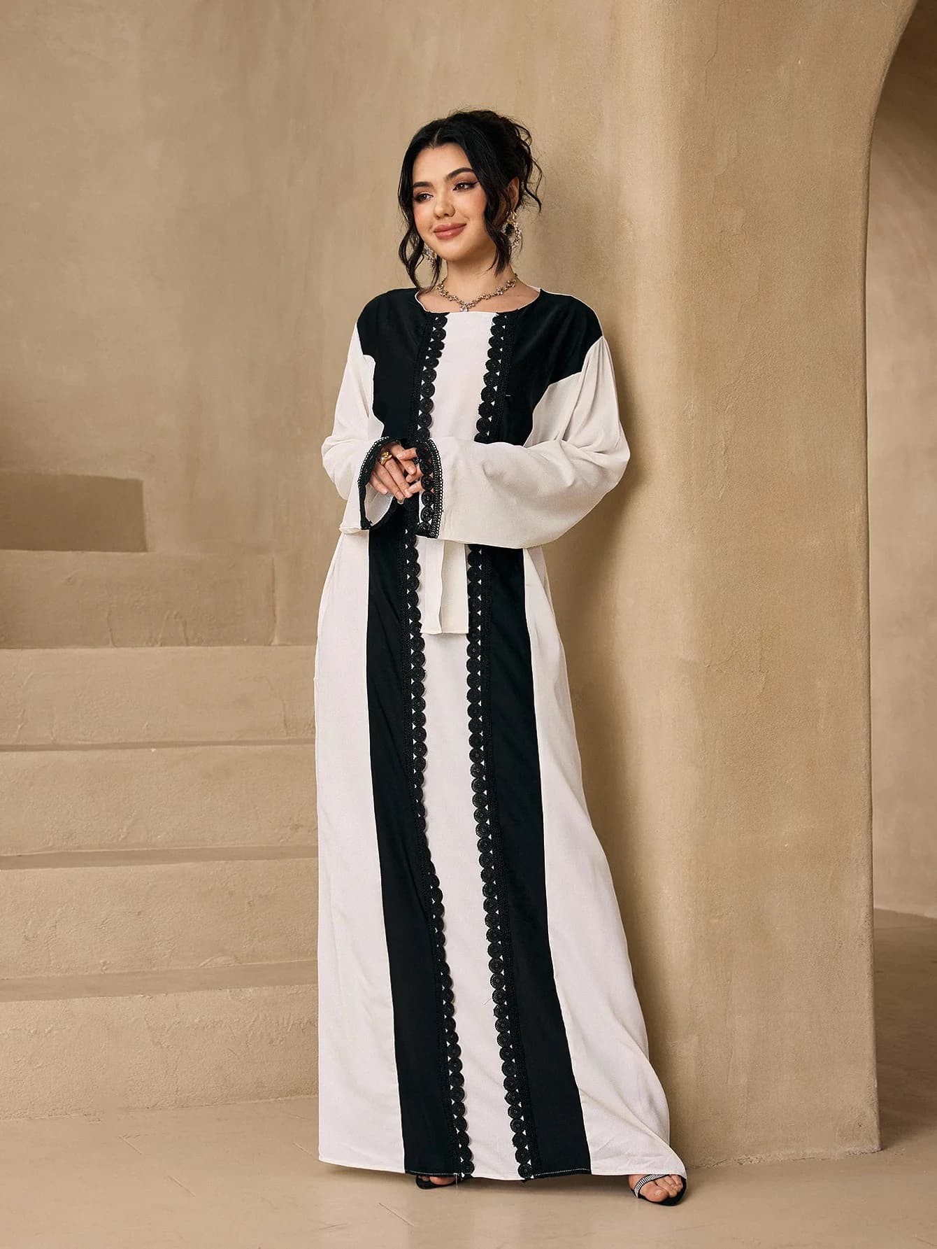 Color Block Lace Panel Abaya 3 Piece Set With Hijab Belt, Flare Sleeve Modest Maxi Dress For Muslim Women Eid Daily Wear