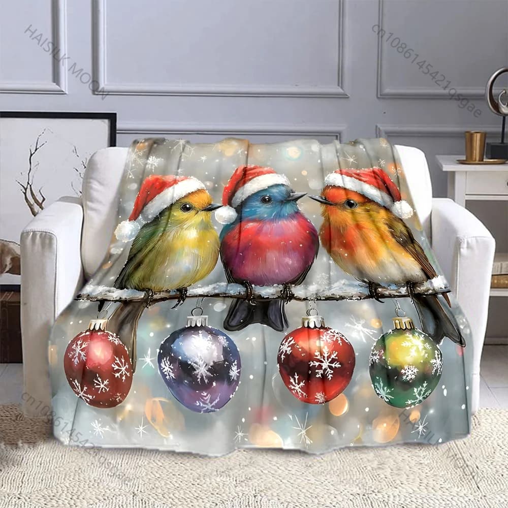 Uccelli festivi con ornamenti natalizi Coperta con motivo in flanella Materiale morbido e caldo per tutte le stagioni, picnic da campeggio all'aperto a casa