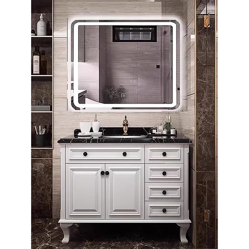 Combinazione di mobili da bagno in rovere americano, lavabo in marmo dal pavimento al soffitto, lavabo, WC, specchio da bagno