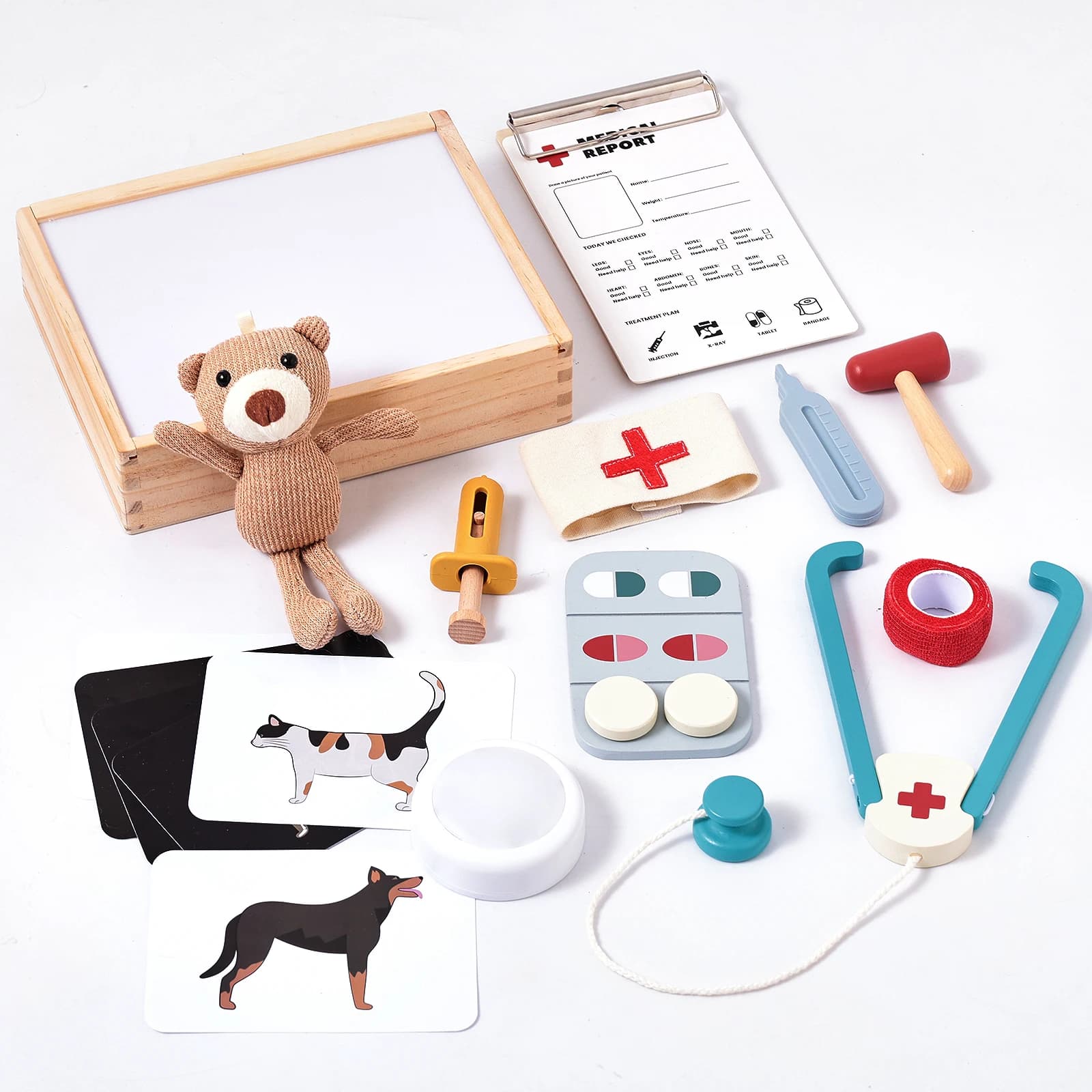 Set di giocattoli medici simulati da 14 pezzi, con scatola luminosa in legno a raggi X, kit di strumenti medici per giochi di ruolo per bambini piccoli e bambini