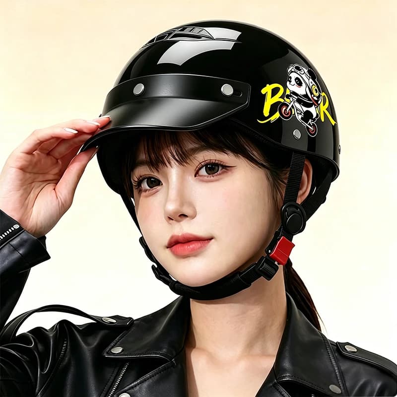 Casco Aperto con Stampa Panda NERO, Visiera Parasole, Leggero e Traspirante, per Bici Elettriche e Scooter