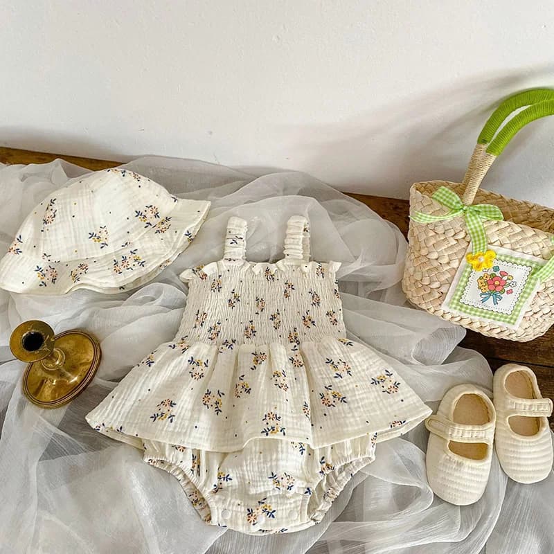 2PCS Summer Linen Floral Infant Newborn Baby Girls Bodysuit Active Floral Babe Camisole One Piece Tutu Dress With Hat Set