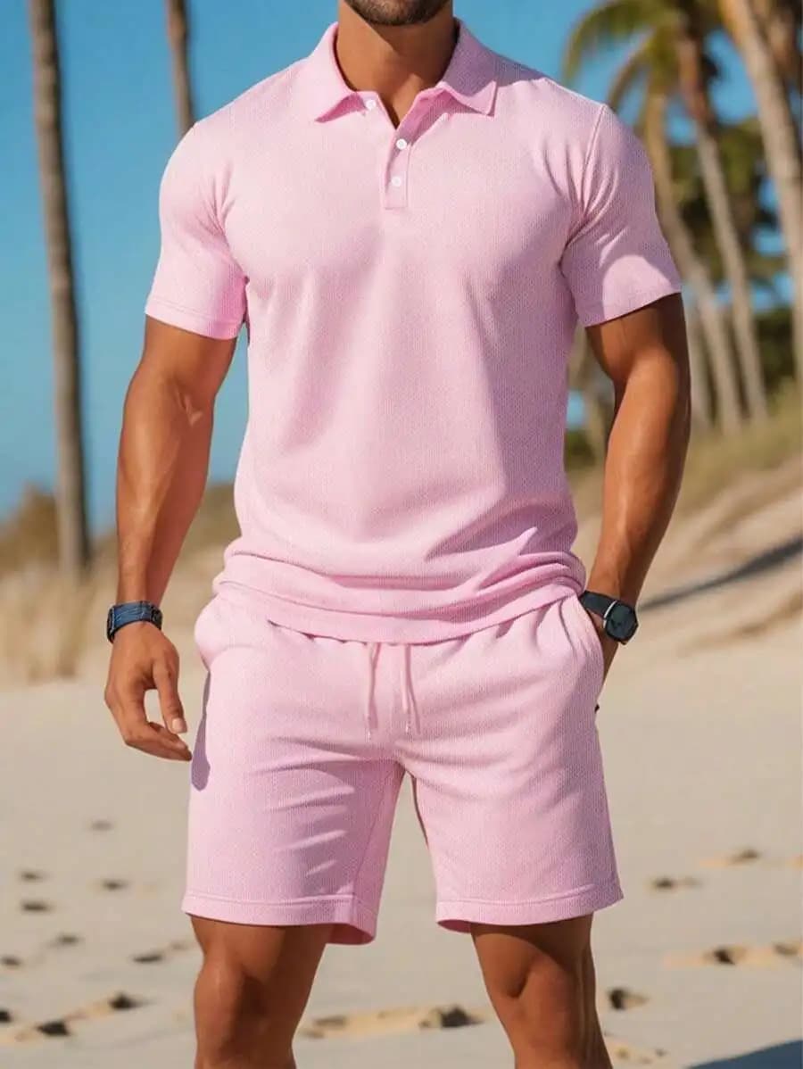 Set da uomo composto da polo rosa tinta unita e pantaloncini con coulisse in vita