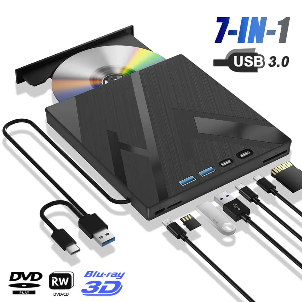 Unità ottica Bluray esterna 7 in 1 per PC portatile USB 3.0 Type-C BD Lettore CD-RW DVD Bruciatore portatile con slot per schede SD/TF