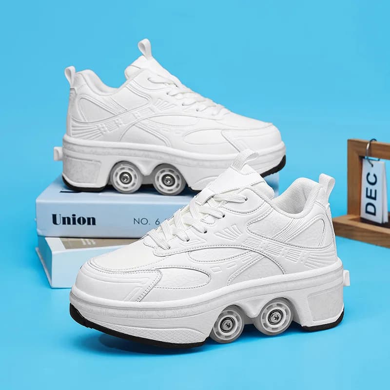 Scarpe da passeggio automatiche con ruota deformabile a doppia fila Pattini a rotelle con deformazione invisibile 2 in 1 Puleggia rimovibile Pattinaggio su pattini Parkour