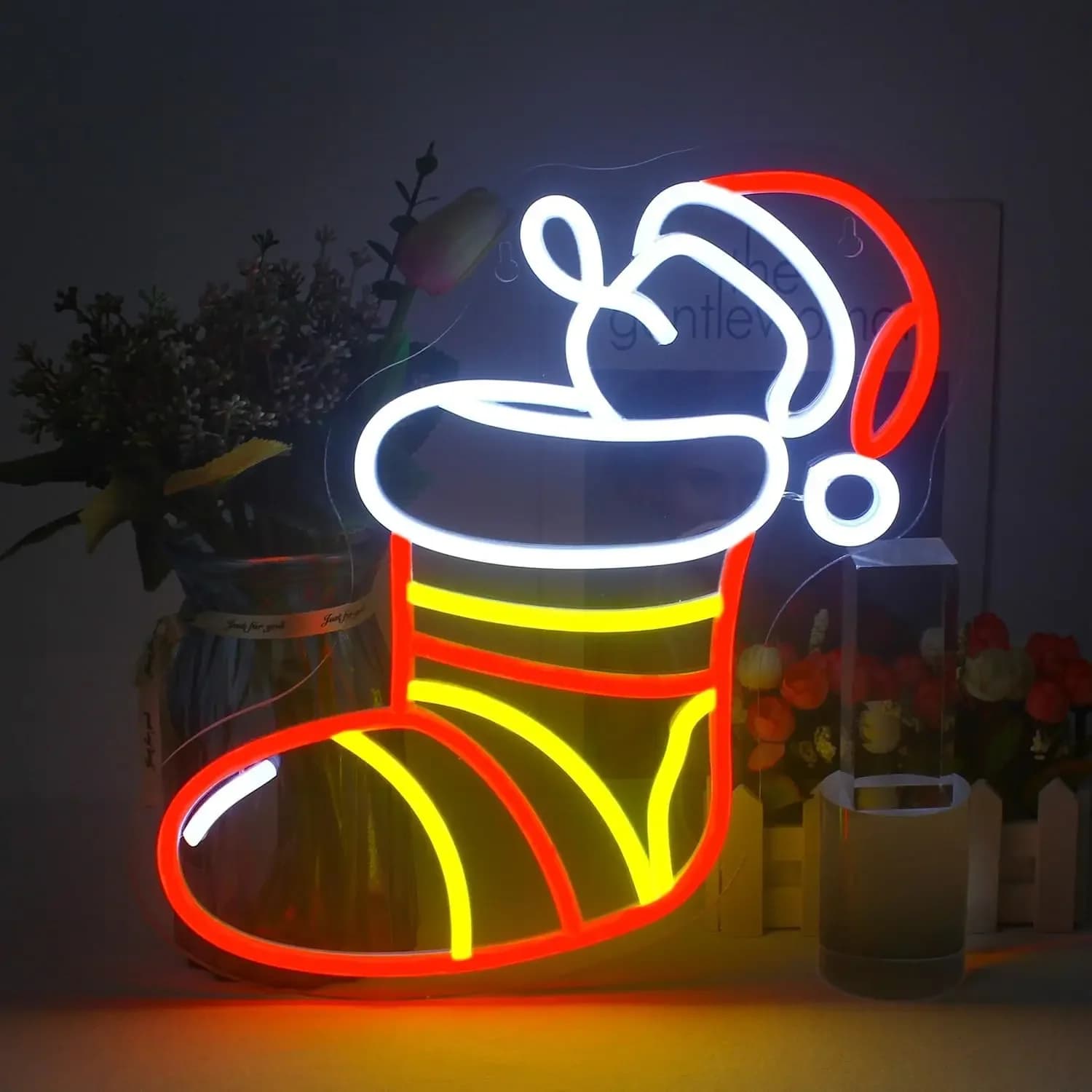 Calza di Natale Insegna al neon USB dimmerabile LED Insegna al neon Decorazione da parete per sala da gioco Camera da letto Bar Regali di compleanno per feste