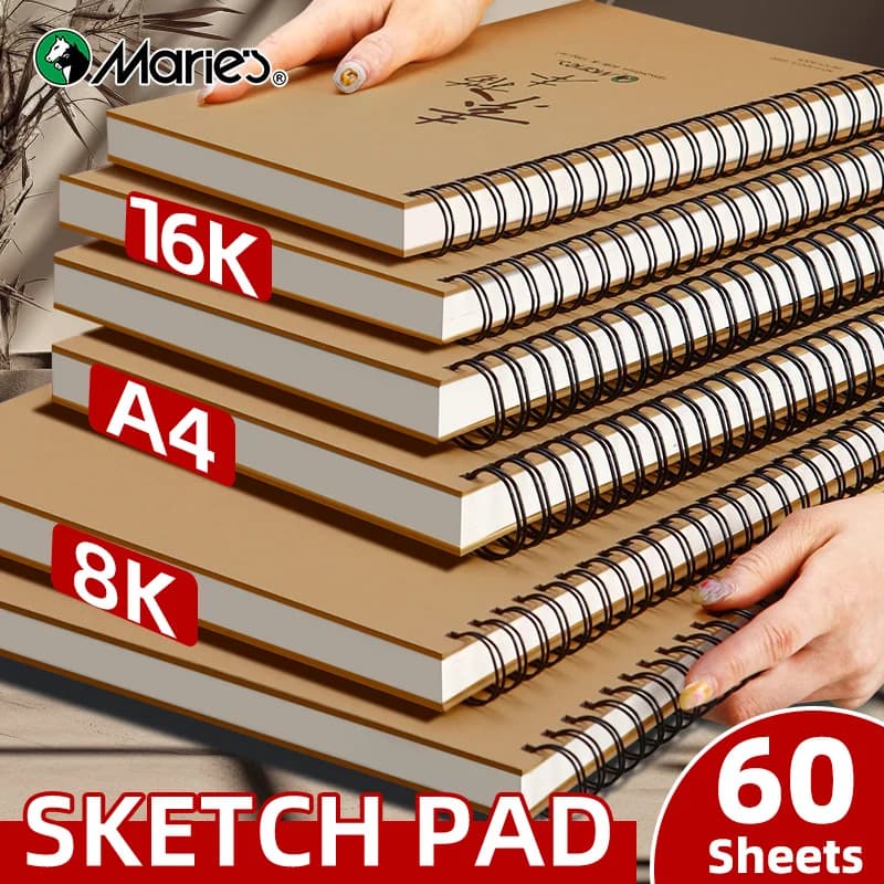 1pc 60-Sheet Marie's Spiral Sketch Paint Book,16k/A4/8K 73lb/120gsm Sketching Pad for Adult Coloring Book,Drawing,Writing