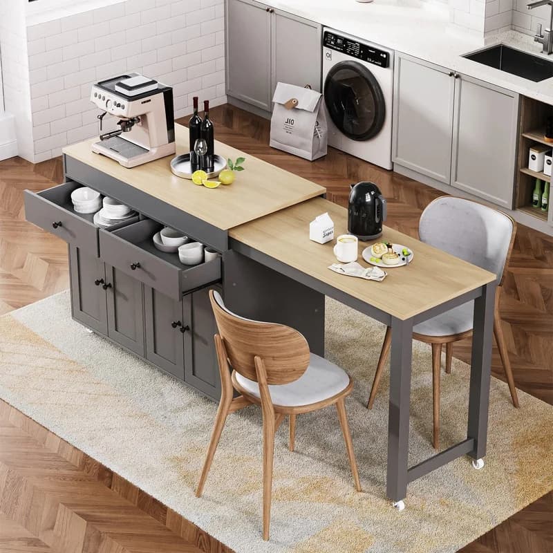 74.5" Extendable Kitchen Island with Rolling Wheels, Spice Rack, 2 Drawers, 4-Door Cabinet, Grey – Two-Package Set