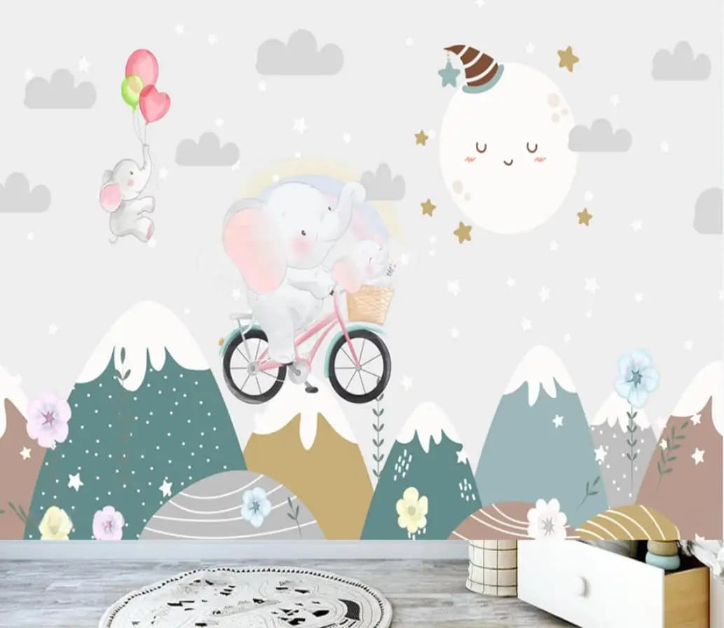 Carta da parati personalizzata in stile nordico dipinta a mano con cielo stellato, nuvole, stelle, elefante dei cartoni animati, sfondo per camera dei bambini, carta da parati 3D