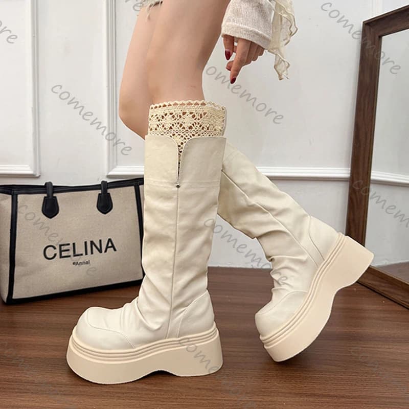 Comemore Women's High Ribbon Boots with Gothic Lace Plateau Fashion with High Rise Long Botas Leather Shoes With Vintage Women's Heel