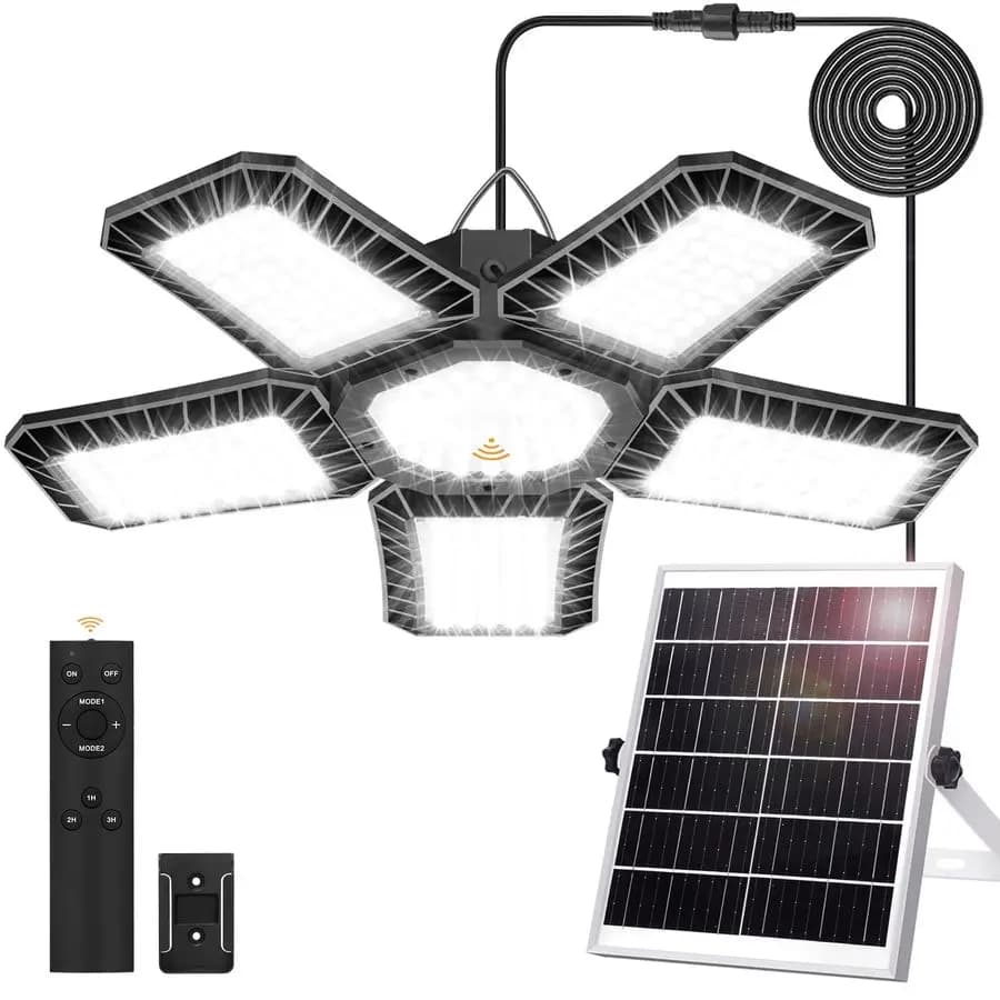Lampada Solare a Sospensione Grande per Capanno con 267 LED, Luce Costante e Attivazione a Movimento, 2 Modalità, Pannello Solare in Vetro Temperato