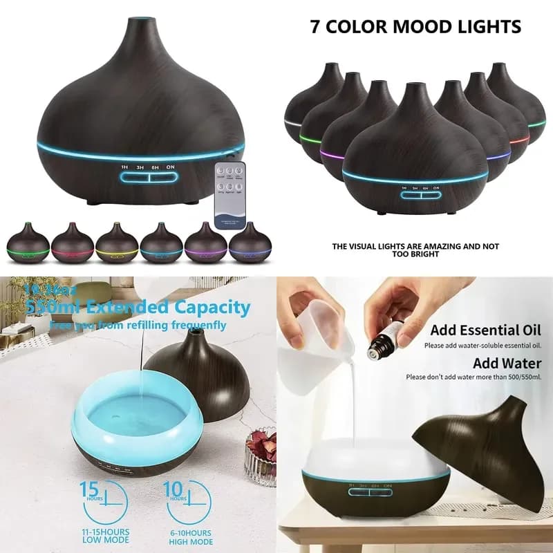 550ml Wood Color USB Aroma Diffuser, Essential Oil Diffuser with 7 Color LED Lights & Remote Control, USB Powered Air