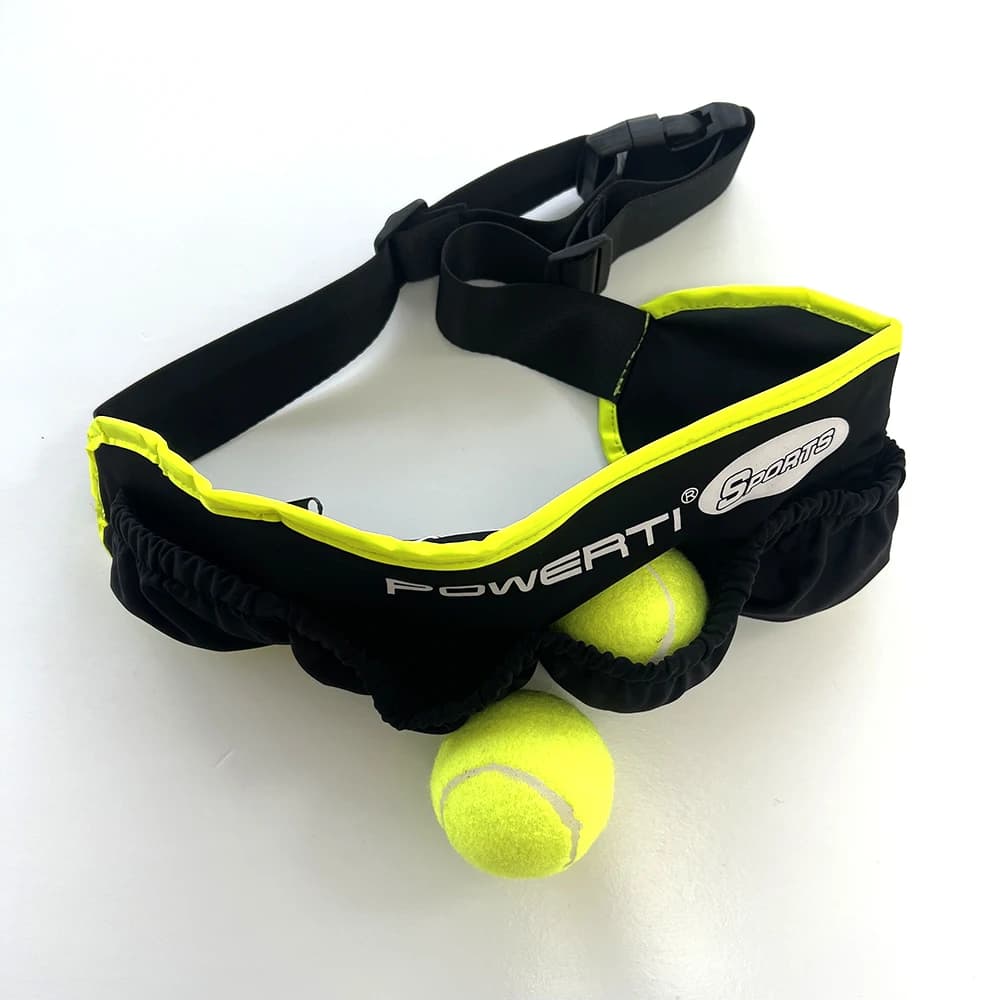 A tennis rack that can contain 5 tennis balls, a tennis belt, adjustable length, fitness, running, cycling, etc. can be used