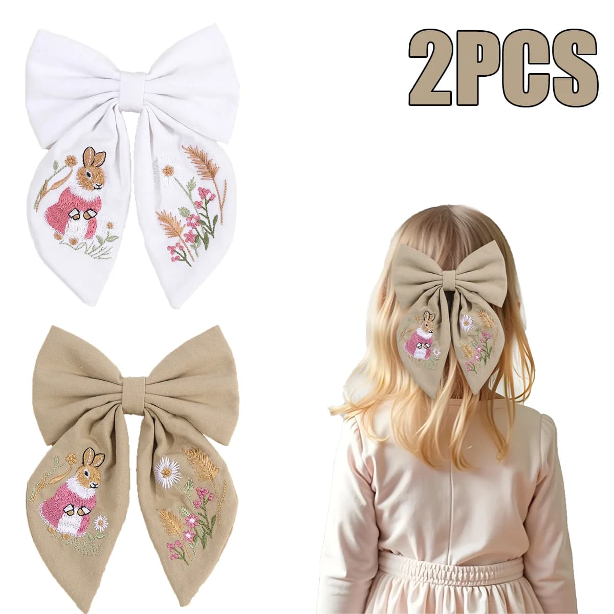 Rabbit Embroidery Bow Hair Clip Sweet Girls Bunny Bowknot Hairpin Handmade Fabric Children's Headdress Headwear Kids Accessories