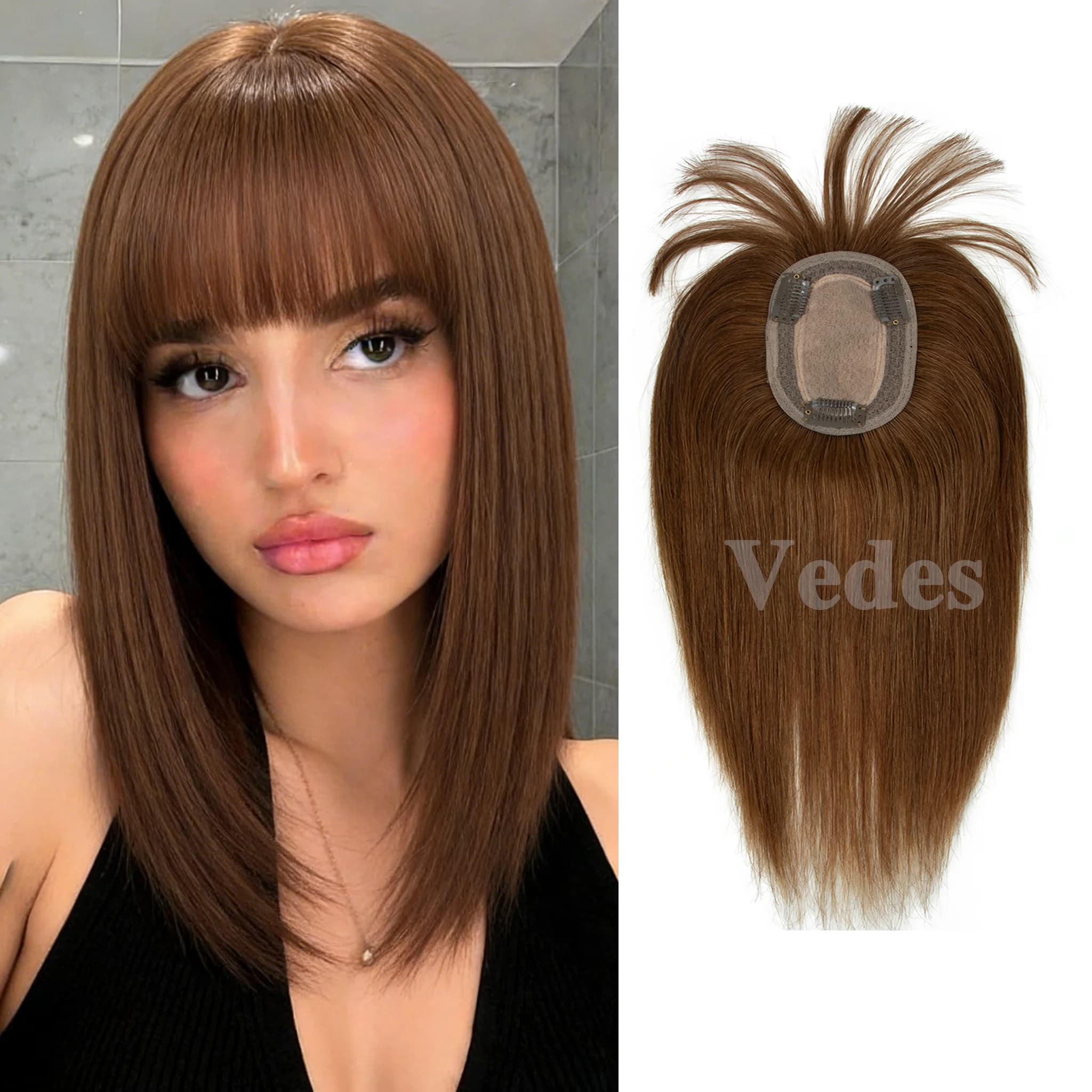 VADES Capelli Umani Veri 360 ° Copricapo per donne con corona diradata, frangia a clip effetto naturale, linea frontale realistica