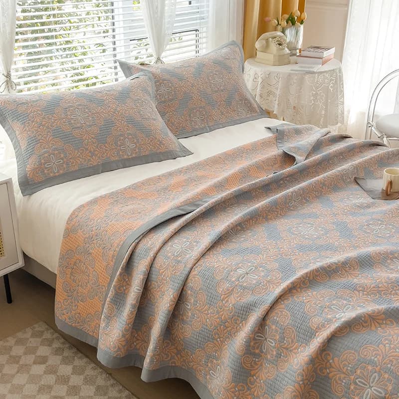 Coperta in Garza di Cotone 100% a 3 Strati, Copriletto Vintage Jacquard, Plaid in Garza, Coperta Universale per Tutte le Stagioni