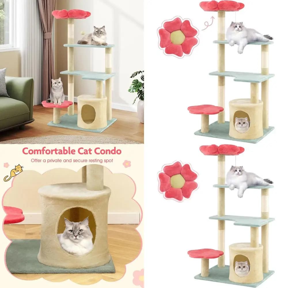 Torre per Gatti Estetica a 49 Livelli con Cuccia in Peluche, Tiragraffi e Pallina Pendente per Gatti da Interno