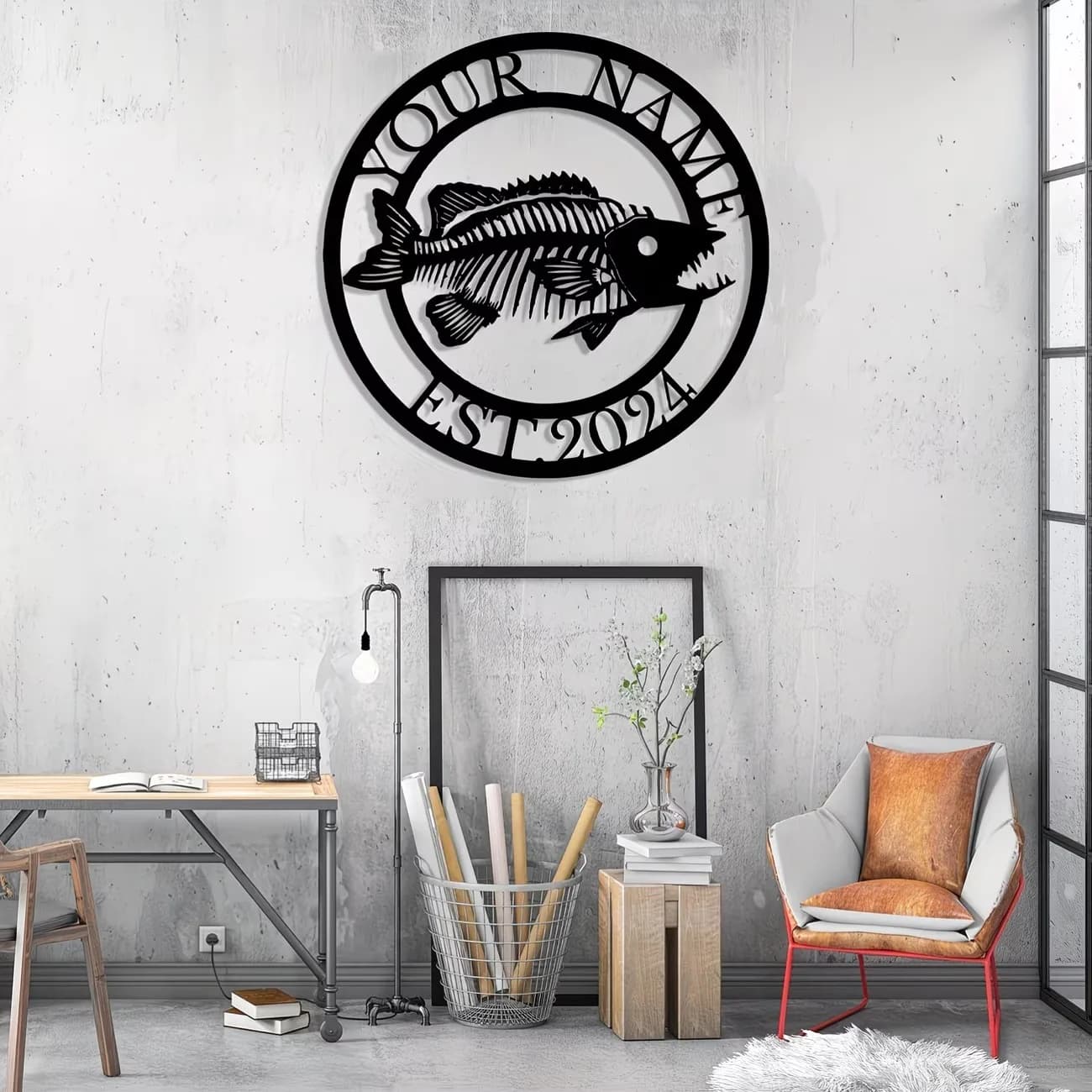 Insegna personalizzata in metallo a forma di pesce con canna da pesca, decorazione da parete in metallo personalizzata per la pesca al black bass, insegna multiuso per la grotta degli appassionati di pesca