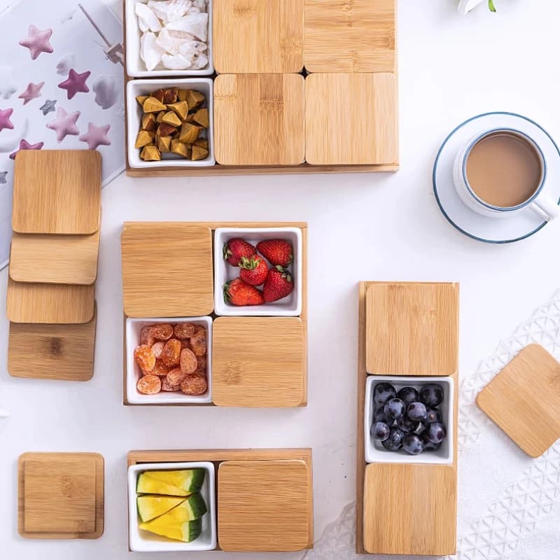 Piatto per snack in legno Ciotola Dim Sum in ceramica bianca Piatto per insalata di frutta secca per dessert domestici Set da portata Servitura di ispirazione asiatica