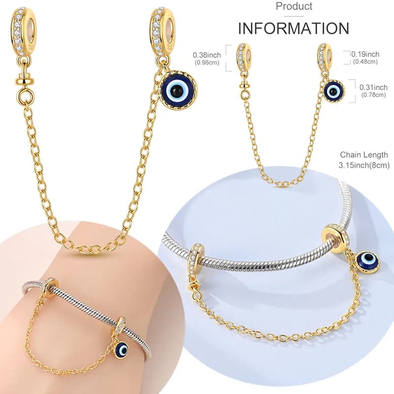 Ciondoli originali con perline in argento sterling 925, catena di sicurezza in silicone dorato con occhio blu, bracciale originale adatto per le donne, regalo di gioielli fai da te