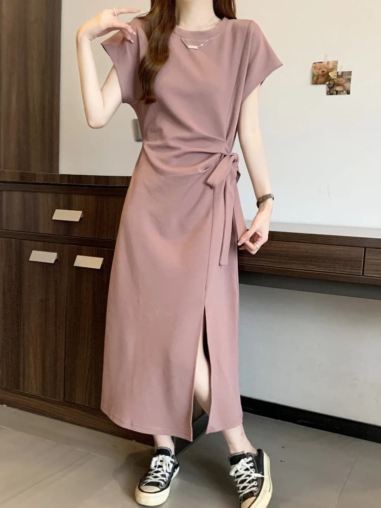 Long T-Shirt Dress Women Summer plus Size Slimming Waist Cinched Belted Short Sleeve Open-Front A-Line Midi Dress Korean Style