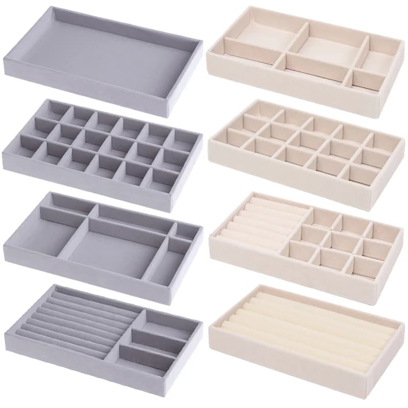 Espositore Portagioie in Velluto, Scatola Portatile per Orecchini e Collane, Contenitore Grigio Beige Impilabile per Organizzare Gioielli