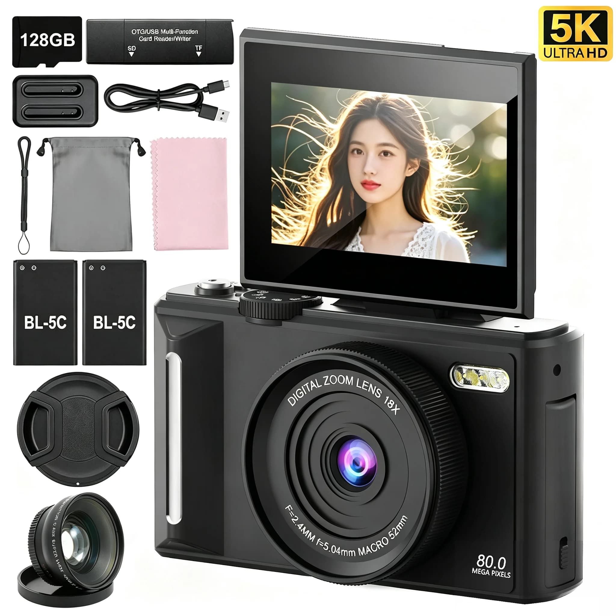 80MP 5K Digital Camera Auto Focus Vlog 18X Digital Zoom Video with WiFi 3.0" Screen Portable Vintage for Teens Travel Youtube