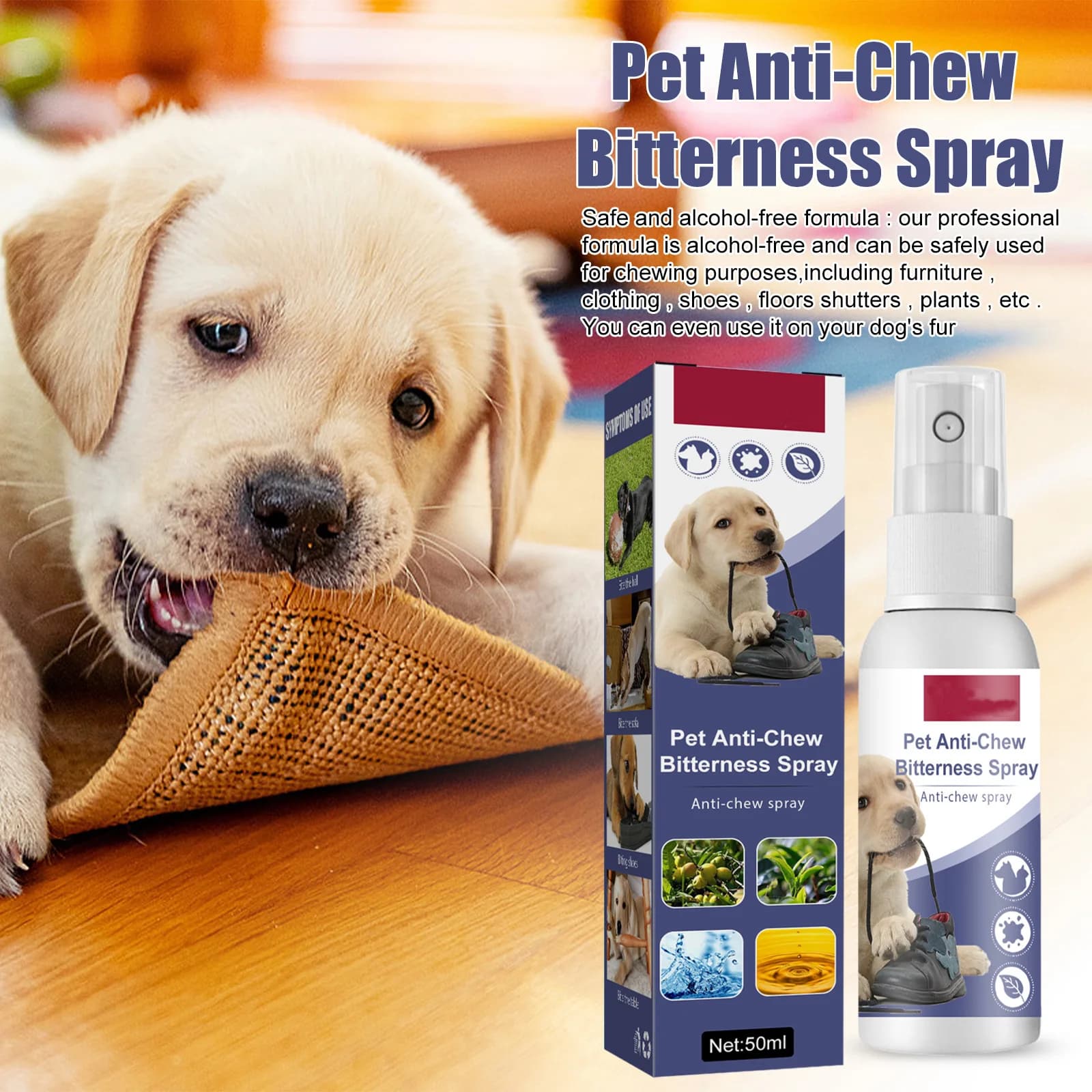 Spray anti-masticare per animali domestici dal gusto amaro 50ML Spray deterrente forte per evitare che masticare le gambe dei mobili Graffi dei divani Efficace cane