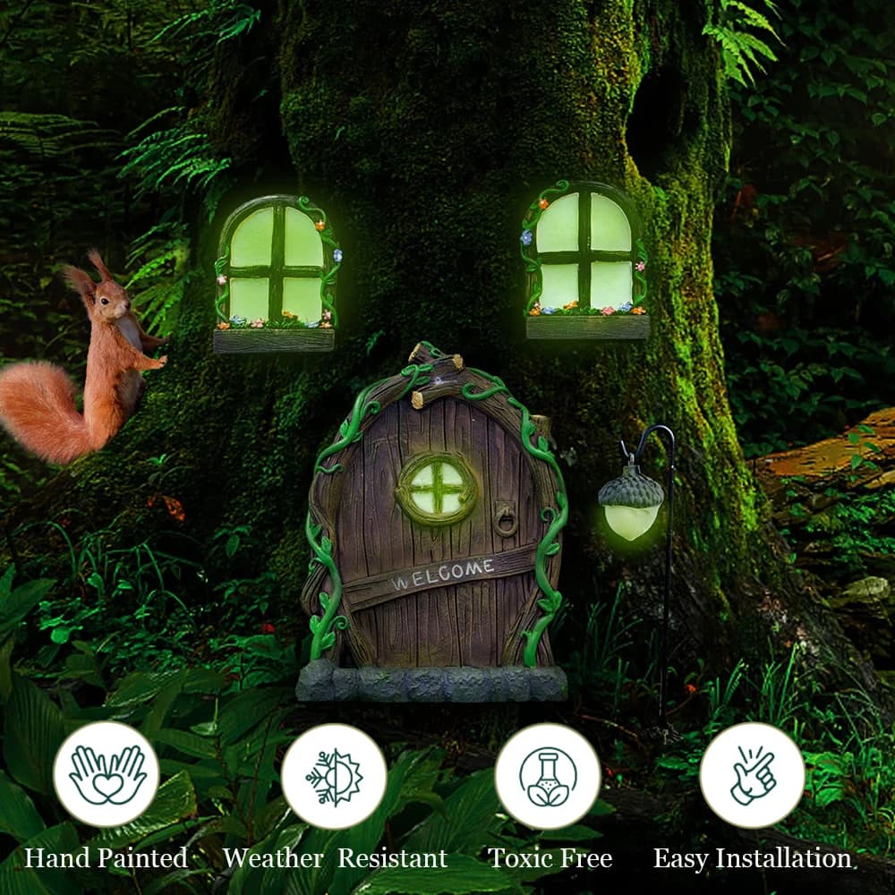 Set di porte e finestre in miniatura per giardino delle fate, ciondolo che si illumina al buio, ornamenti creativi, decorazioni da giardino con luce a forma di porta delle fate in resina