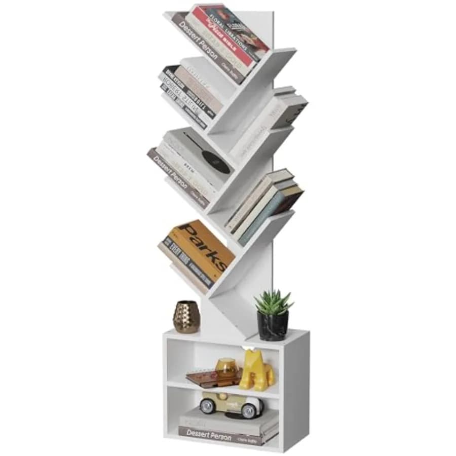 Libreria a 6 Ripiani a Forma di Albero con Armadietto Contenitore, Scaffale Moderno Stretto Salvaspazio, Libreria Verticale da Terra per Camera da Letto