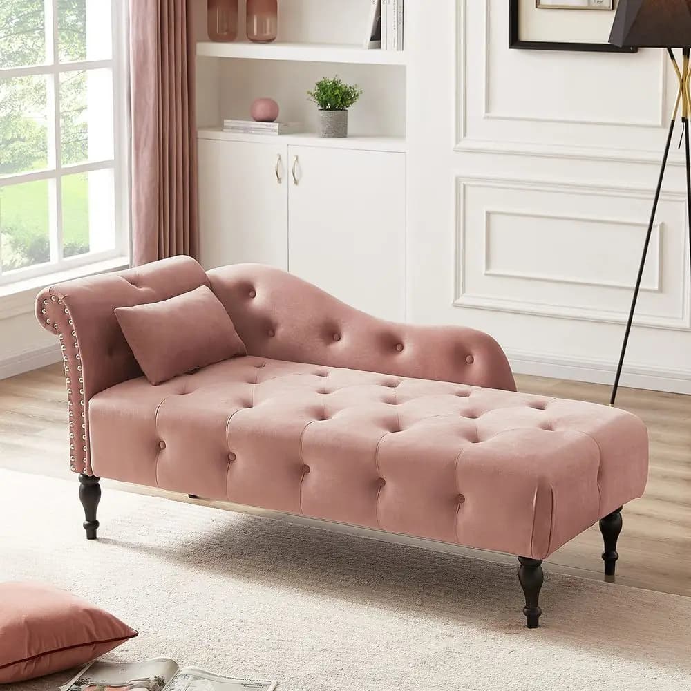 Chaise Longue Moderna in Velluto per Interni, Poltrona Imbottita con Bracciolo Sinistro e Cuscino Lombare, Divano Lounge con Bottoni Trapuntati per Soggiorno