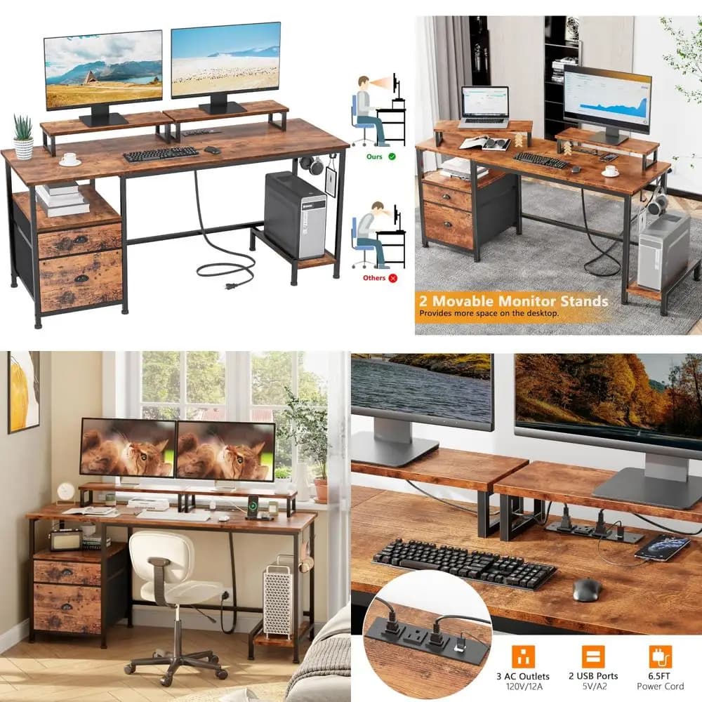 Scrivania per computer Furologee 55 con schedario e prese di corrente, scrivania per ufficio domestico con 2 supporti per monitor mobili e cassetto portaoggetti