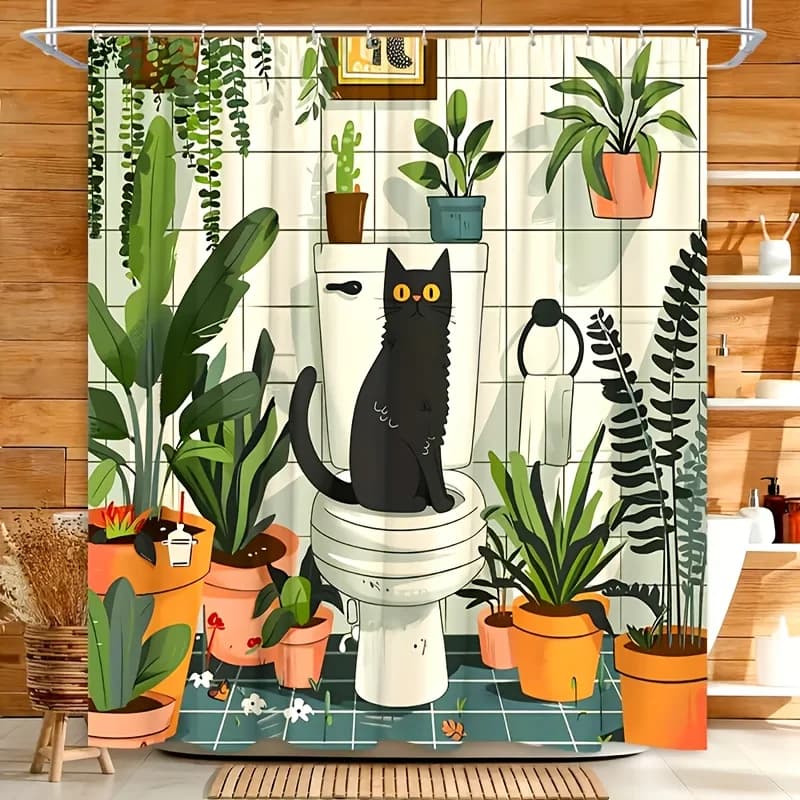 Simpatico gatto nero con tenda da doccia da bagno riempita di piante, impermeabile e resistente alla muffa per un decoro stravagante e accogliente