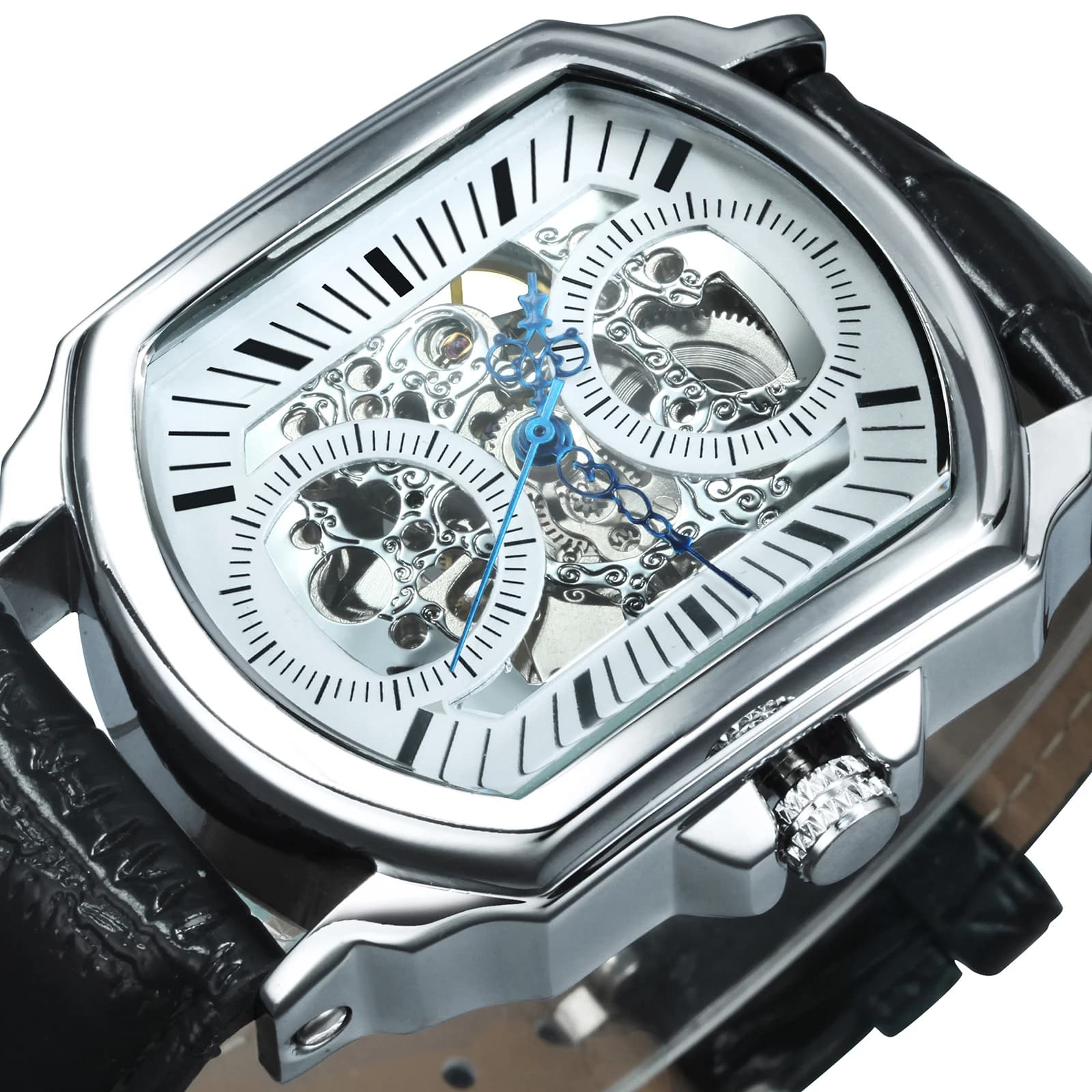Orologio Meccanico da Uomo WINNER, Lancette Blu, Scheletro Irregolare, Automatico, Cinturino in Pelle, Orologio da Polso Casual