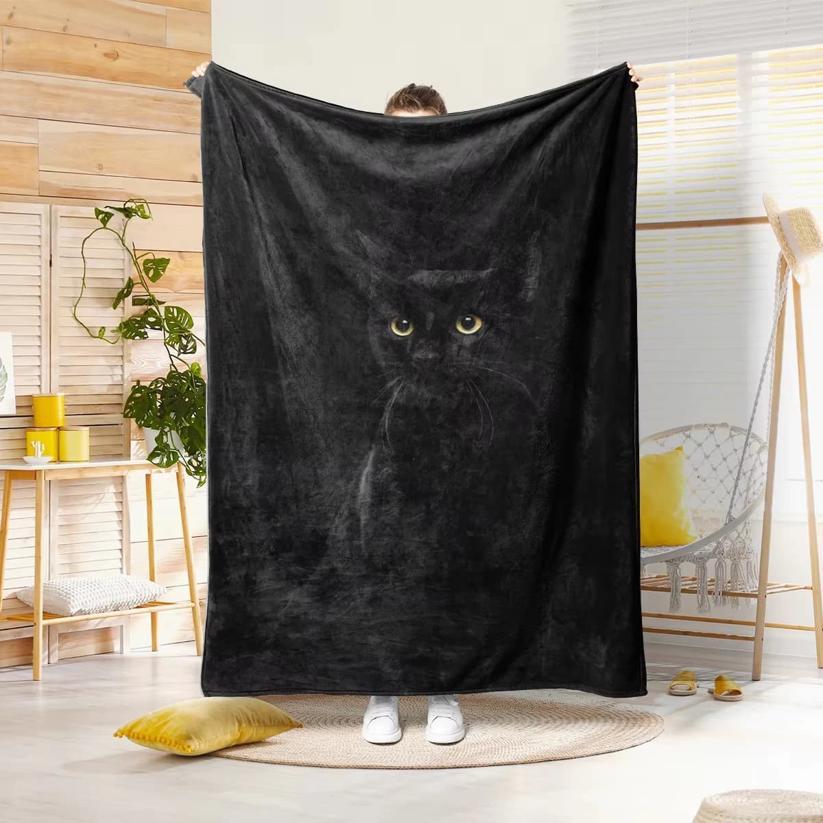 VIKAMA Coperta con motivo artistico gatto nero Coperta calda per tutte le stagioni per il tempo libero Doppio scopo Arte morbida e accogliente Coperta calda con design gatto nero