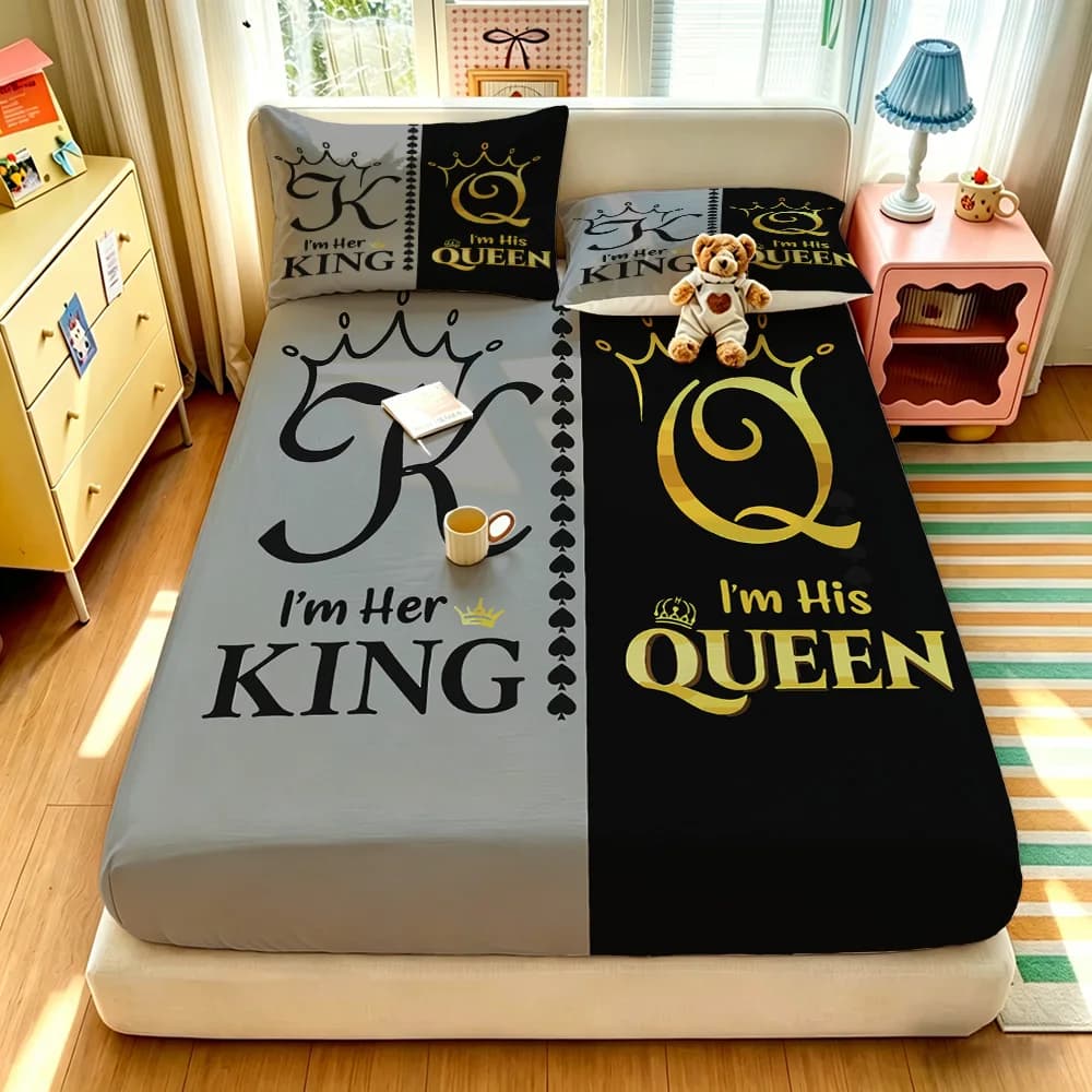 His Her King Queen Crown Fitted Sheet Set 3Pcs Romantic Couple Bedding Soft Microfiber Pillowcases Grey Black